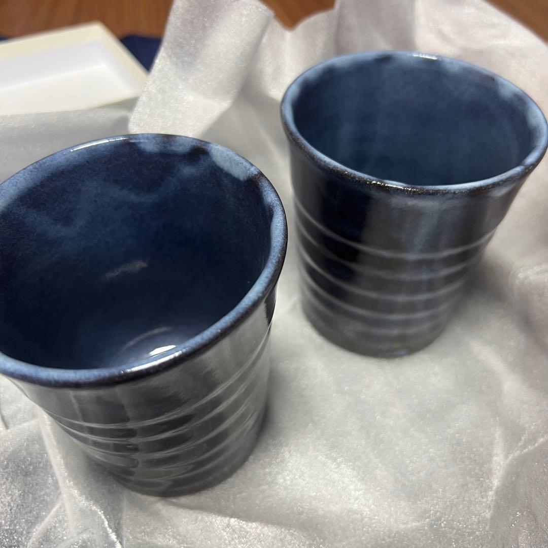 青色グラデーションストライプ陶器カップ2個セット