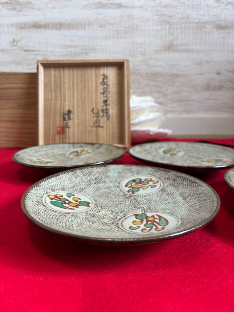 希少 人間国宝 島岡達三 象嵌赤絵組皿 象嵌 三島手 師:浜田庄司 美術 工芸品