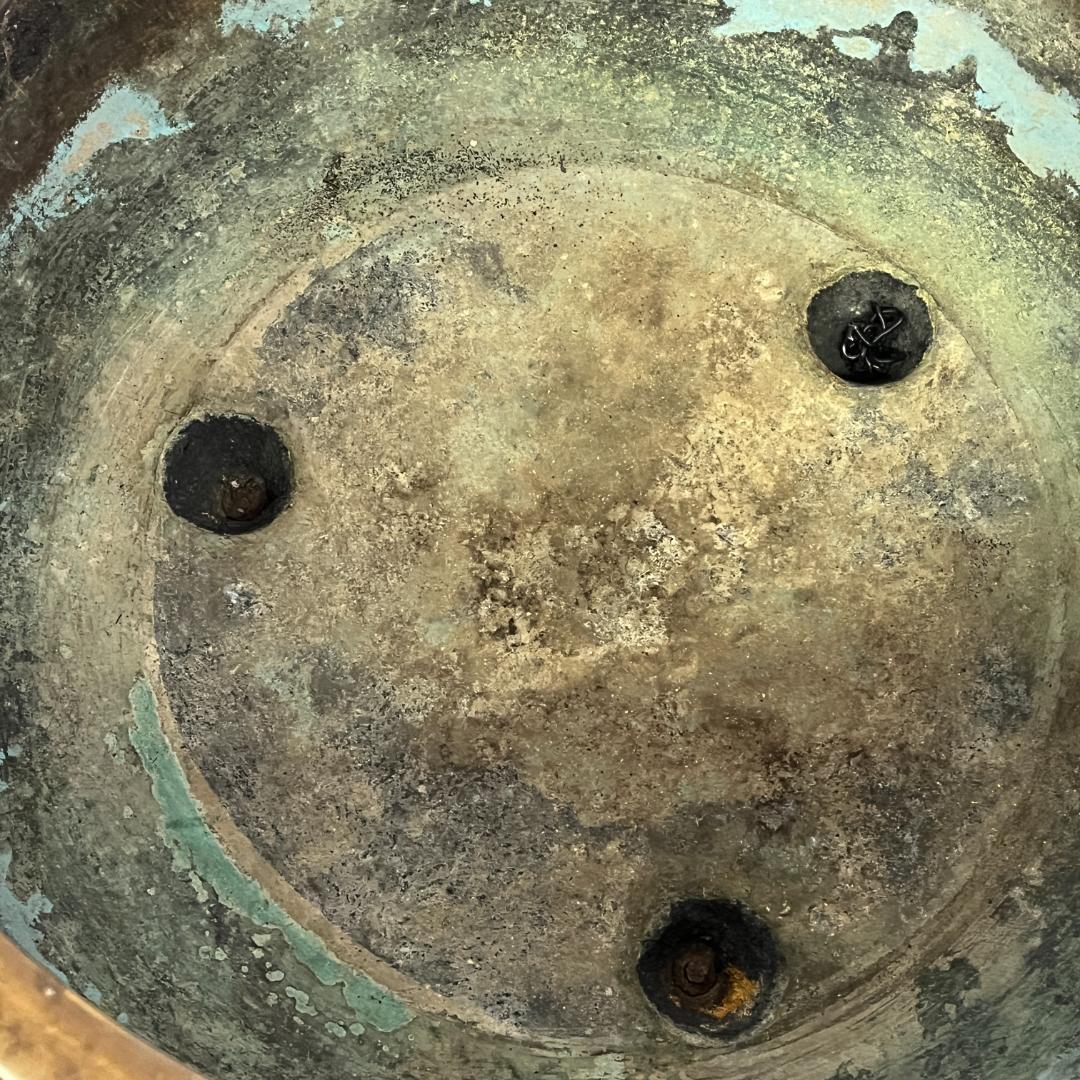 43 銅・真鍮系 山水図 火鉢 レトロ アンティーク インテリア 直径約40cm