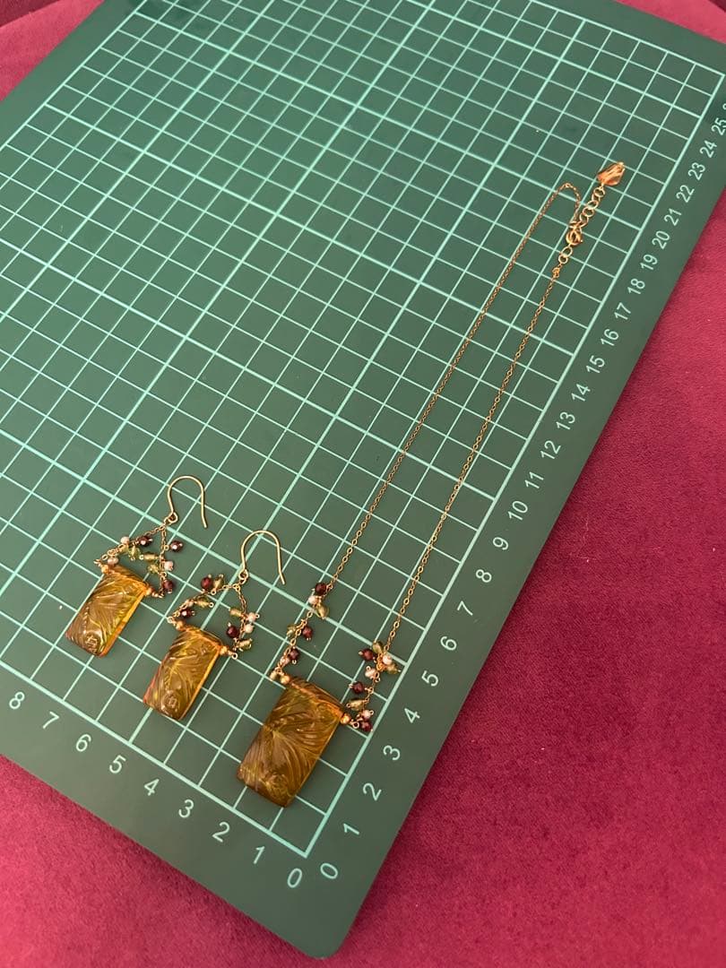 レクタングルカット　ハイドロカラークォーツ　ピアス　ネックレス　14kgf