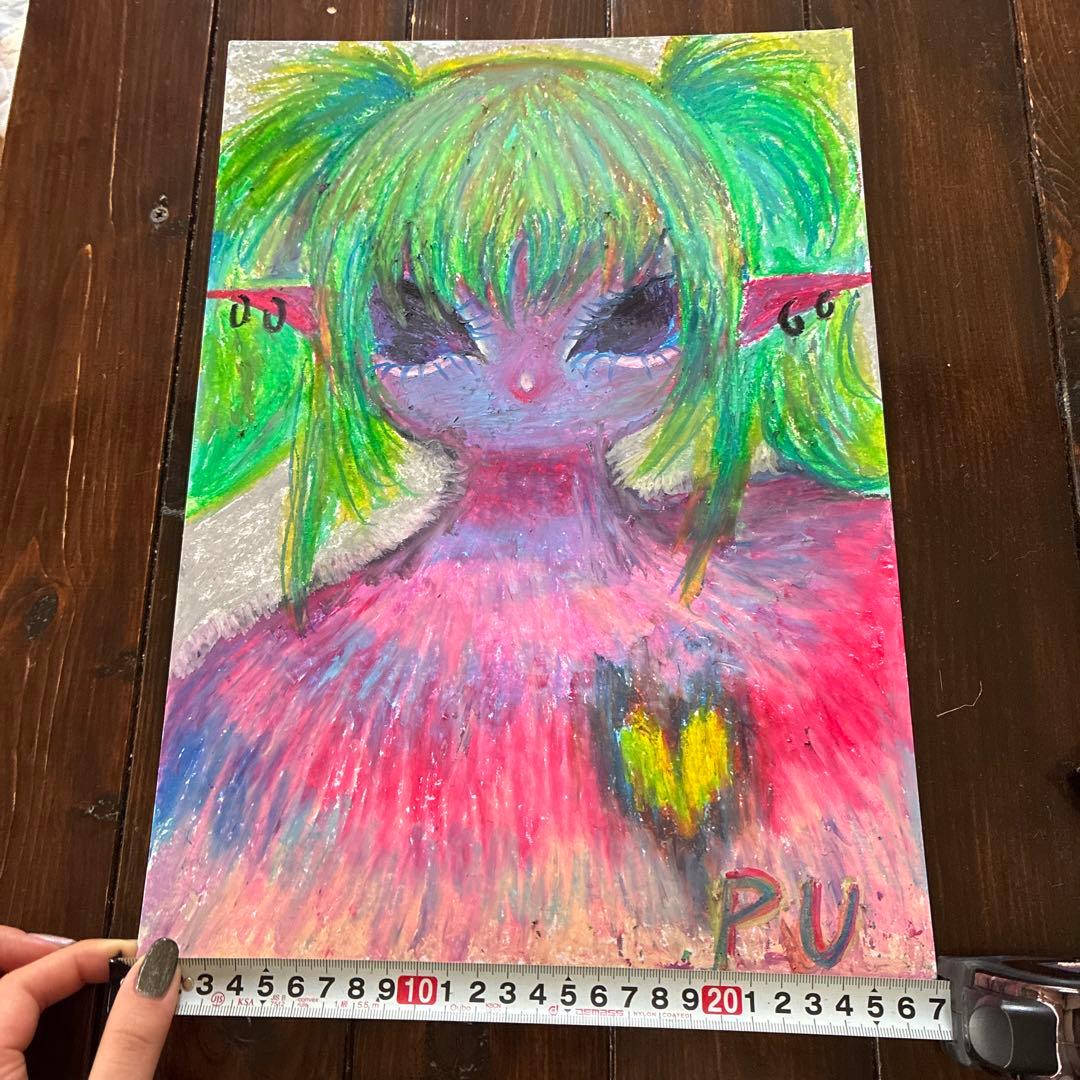 イラスト アート クレヨン 原画 闇かわいい 病みかわいい ギャル 一点物
