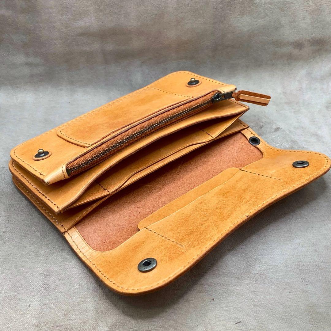 ハンドメイド（手縫い） 長財布　トラッカーウォレット　タンロー　ヌメ革　タン