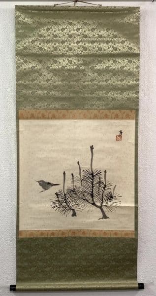 徳力富吉郎／土田麦僊師事「稚松」花鳥画 掛軸 紙本 共箱