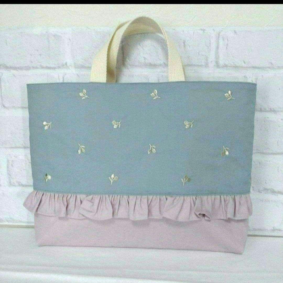 入園 入学 セット チェリー 刺繍 オールドブルー×くすみピンク フリル