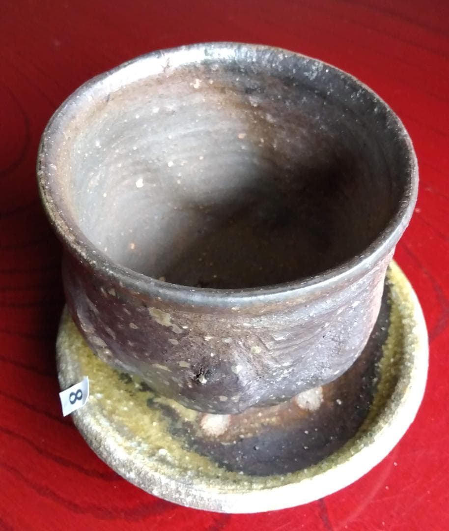 前焼の名工　白越不朝　自然灰釉究極美逸品ぐい呑み/湯呑2種茶托3点セットNo:8