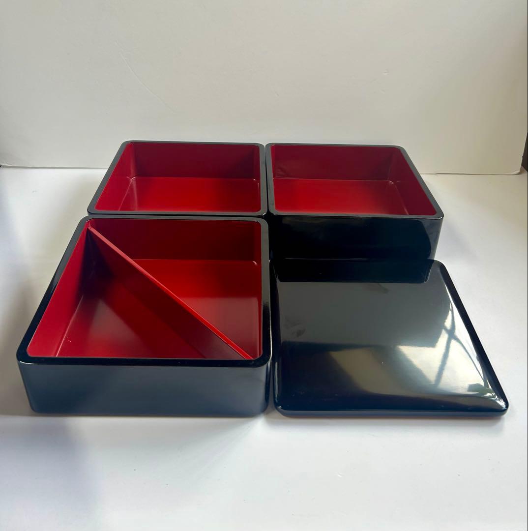 【美品】木製 漆器 三段重 黒塗 重箱 黒 内朱 会津塗り 天然木 アンティーク