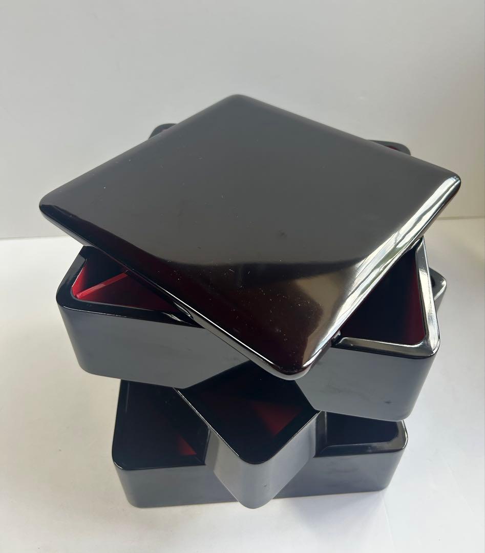 【美品】木製 漆器 三段重 黒塗 重箱 黒 内朱 会津塗り 天然木 アンティーク