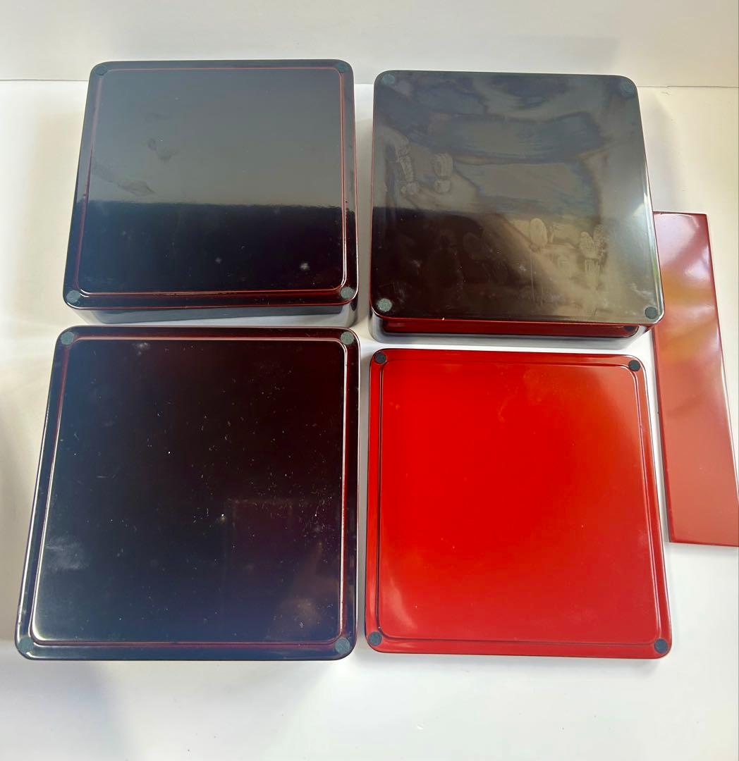 【美品】木製 漆器 三段重 黒塗 重箱 黒 内朱 会津塗り 天然木 アンティーク