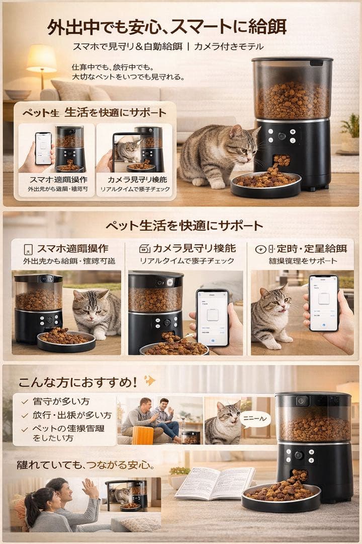 カメラ付き猫犬自動給餌器スマホ遠隔操作WiFi 4L大容量音声通話ナイトビジョン