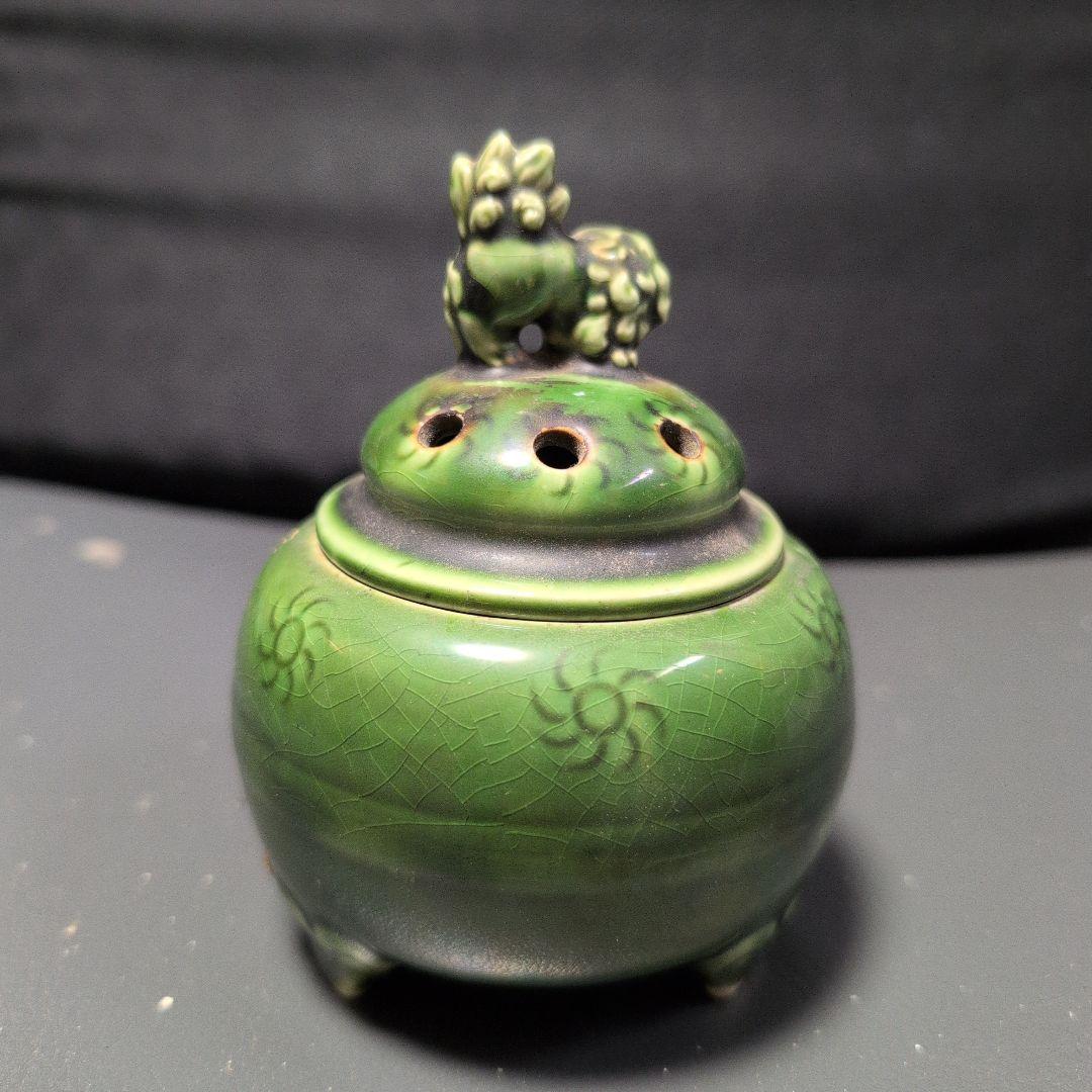 緑色 獅子の形 香炉 陶器製