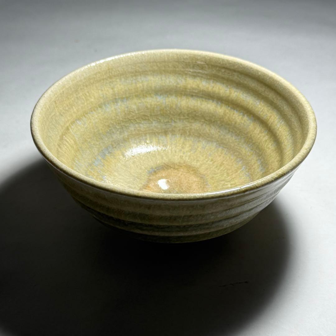 ◆ 【松本為佐視】作 灰釉瑞光茶碗 四方桟共箱・共布・陶歴付 京焼 師：楠部彌弌