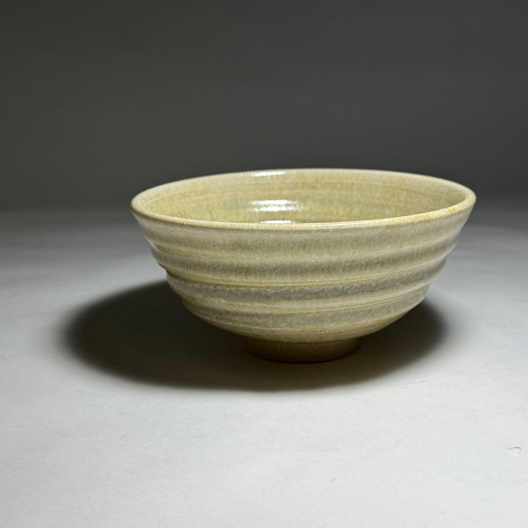 ◆ 【松本為佐視】作 灰釉瑞光茶碗 四方桟共箱・共布・陶歴付 京焼 師：楠部彌弌