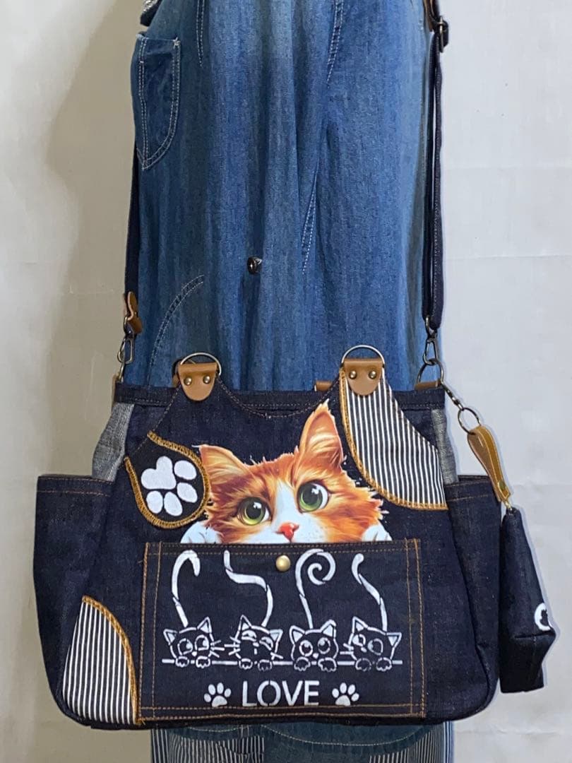 セール中☆岡山デニム☆トラ猫☆リュック対応☆4wayあおりバッグ