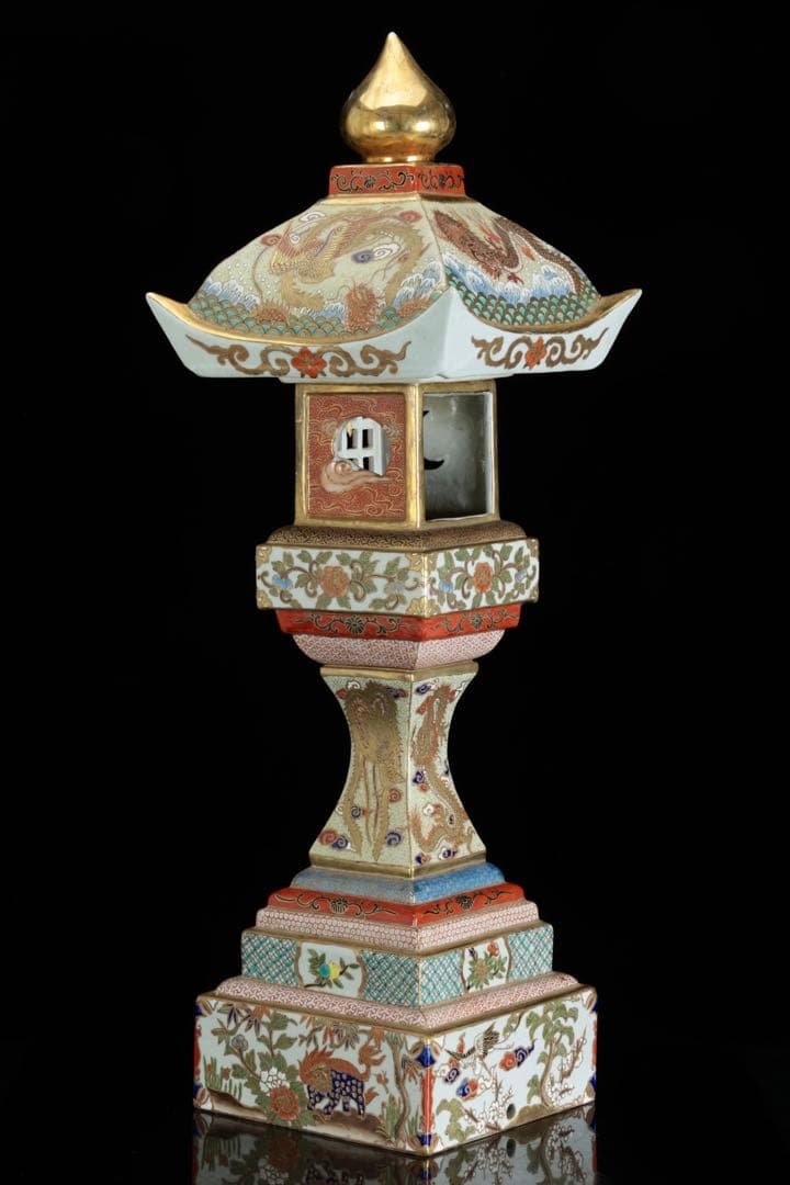 明治期 九谷焼 色絵金彩龍図灯篭 灯籠 高さ 64㎝ 陶製行灯 古美術 骨董品