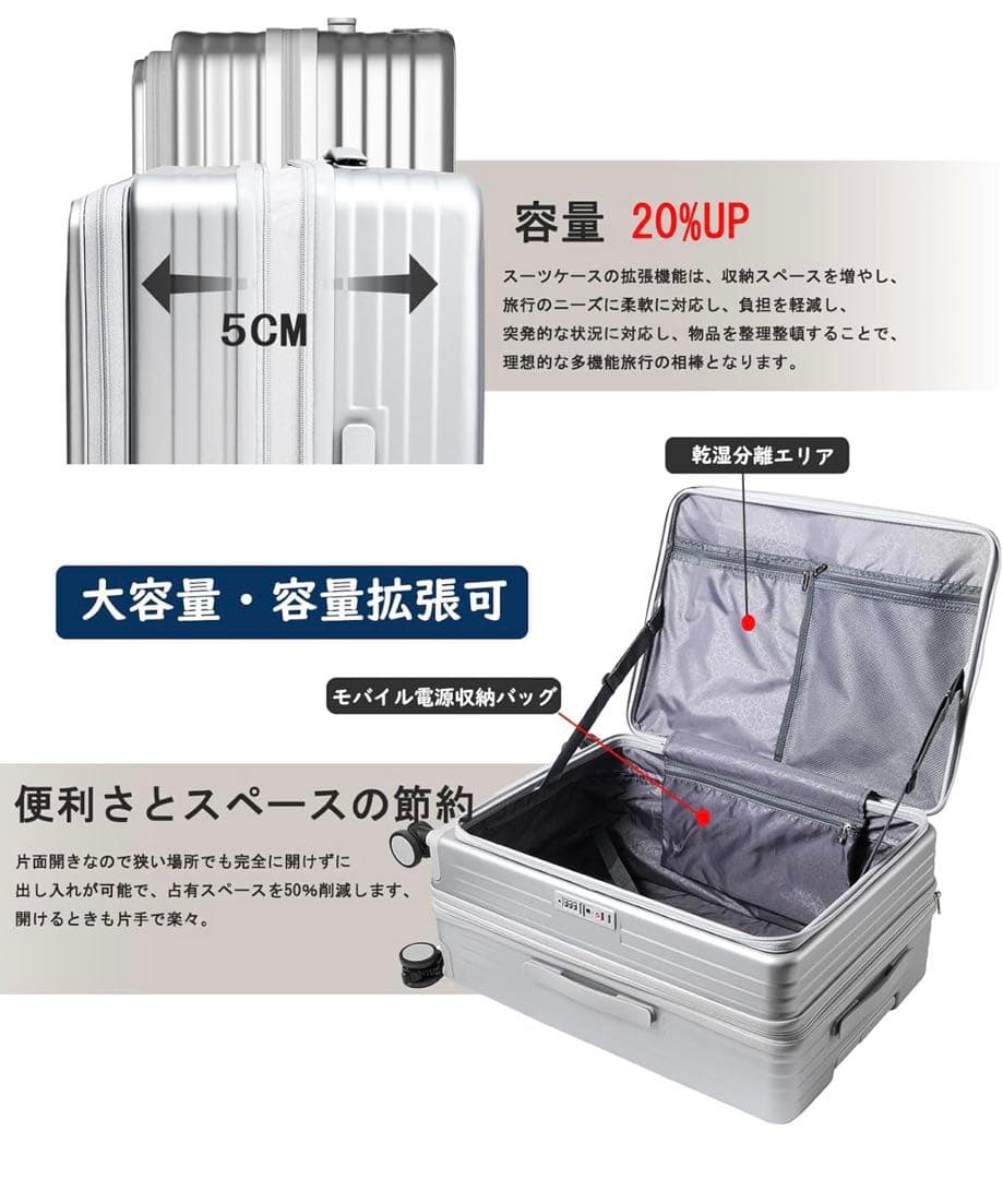 スーツケース キャリーケース 多機能 片開き 拡張機能付き キャリーバッグ