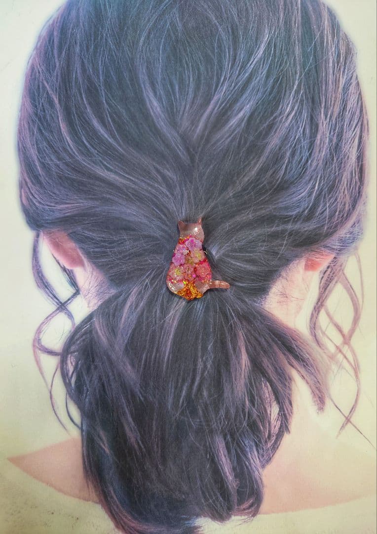 レジン　猫　ヘアゴム　ブローチ　ポニーフック　No.549