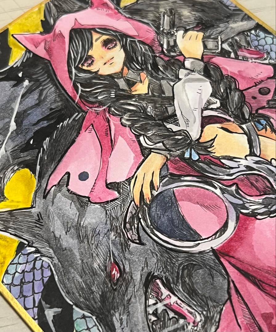 手描きイラスト オリジナル ミニ色紙 原画 赤頭巾 ケルベロス 狼 女の子