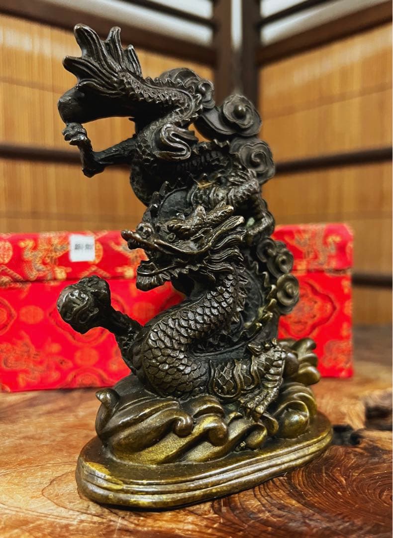 中国美術 時代 銅製 龍雲遊波紋 共箱