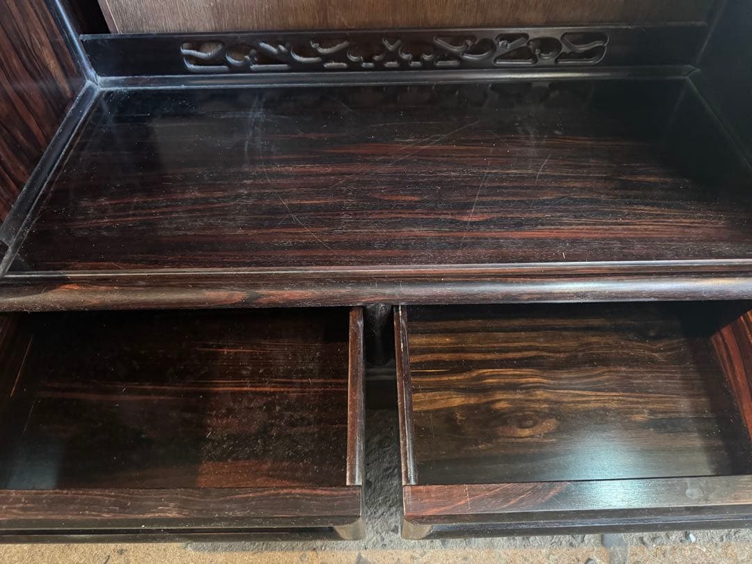 茶棚 黒檀 唐木 無垢 唐草透彫 茶箪笥 和家具 骨董品 ★新潟近郊お