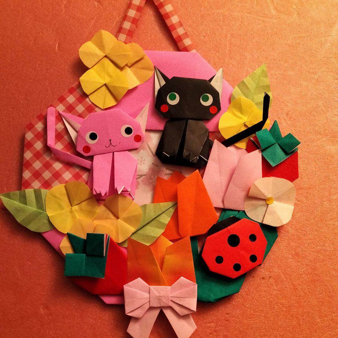 【お値下げ中】折り紙　仲良しねこの春リース　壁面飾り　ハンドメイド