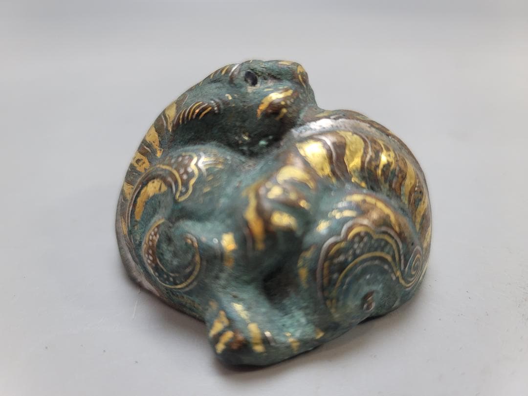 中国 古銅 金銀象嵌 獣虎 置物 時代物 DT813