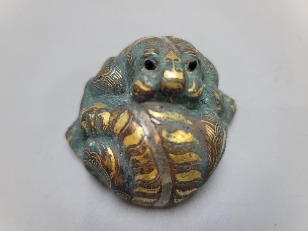 中国 古銅 金銀象嵌 獣虎 置物 時代物 DT813