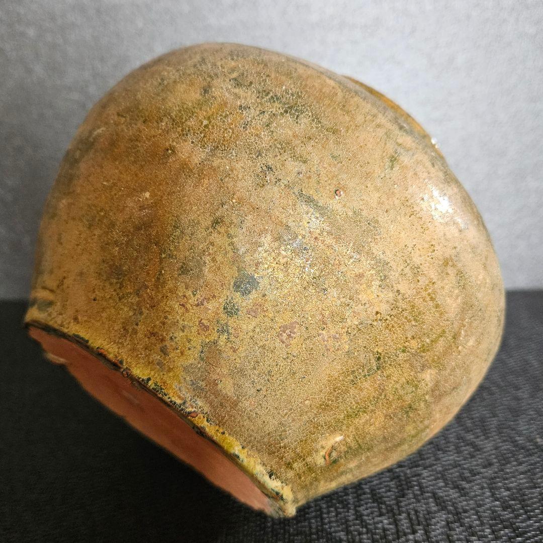 【古代中国古陶磁器】中国古美術　漢時代　漢緑釉褐釉　丸形　ハレーション　壺