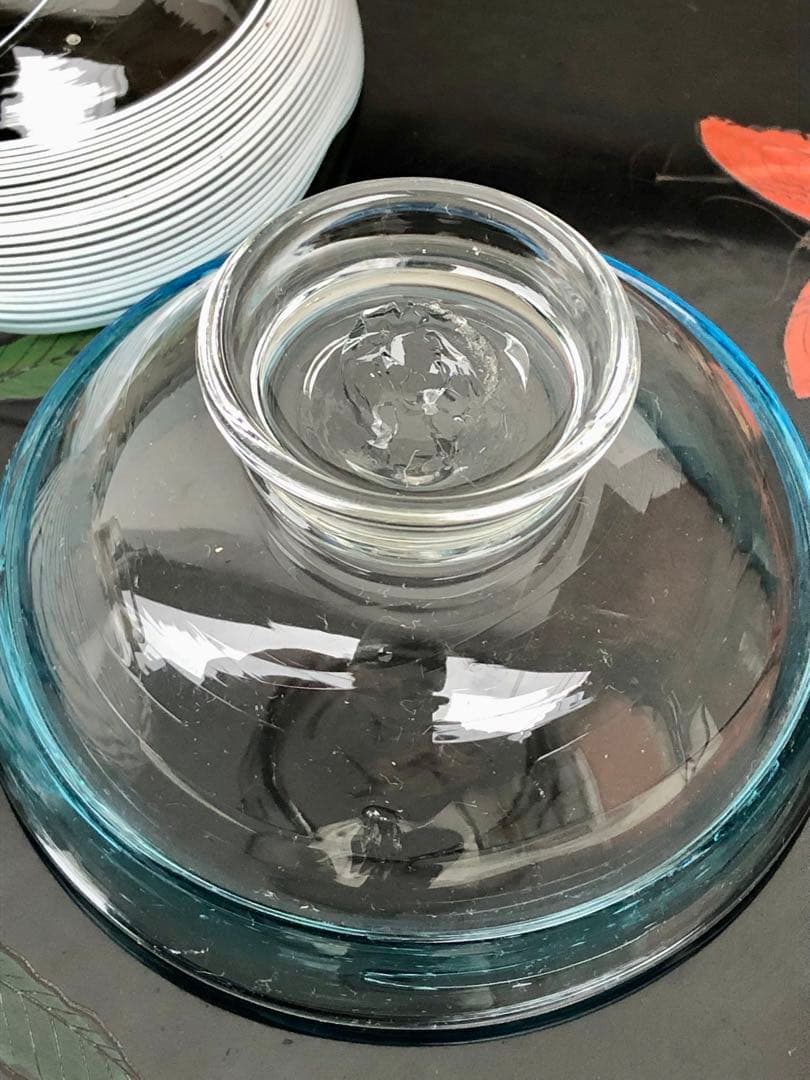 氷コップ 大正 吹きガラス ブルーに白い螺旋文様 ガラス鉢 氷カップ レトロ