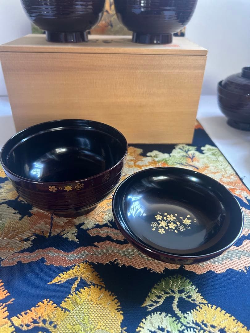 【未使用】吸物椀 5椀 高級漆器 木製 溜塗 見返し松葉 内朱 茶道具 茶懐石