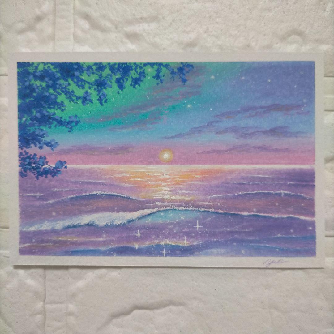 幻想的な海の風景画 星空 オイルパステル画原画 ハガキサイズ 絵画 #122