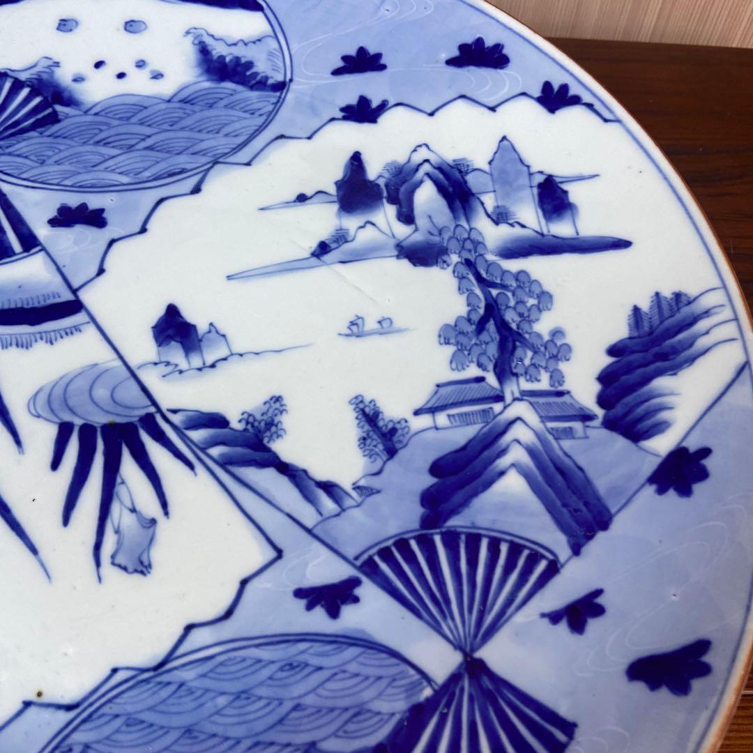古伊万里染付扇面菖蒲山水図大皿