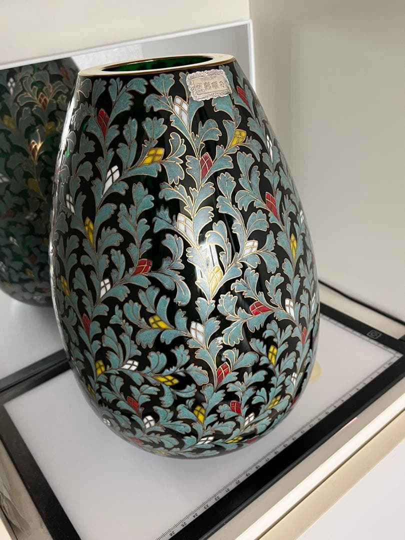窯彩硝子　雨宮喜能登 花唐草文模様　花瓶　フラワースタンド　中古品
