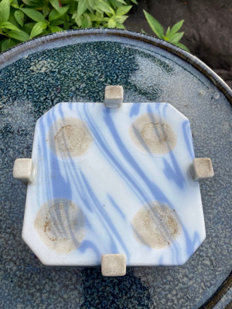 京都　橋本窯　ヴィンテージ　青白マーブル模様の陶器の容器
