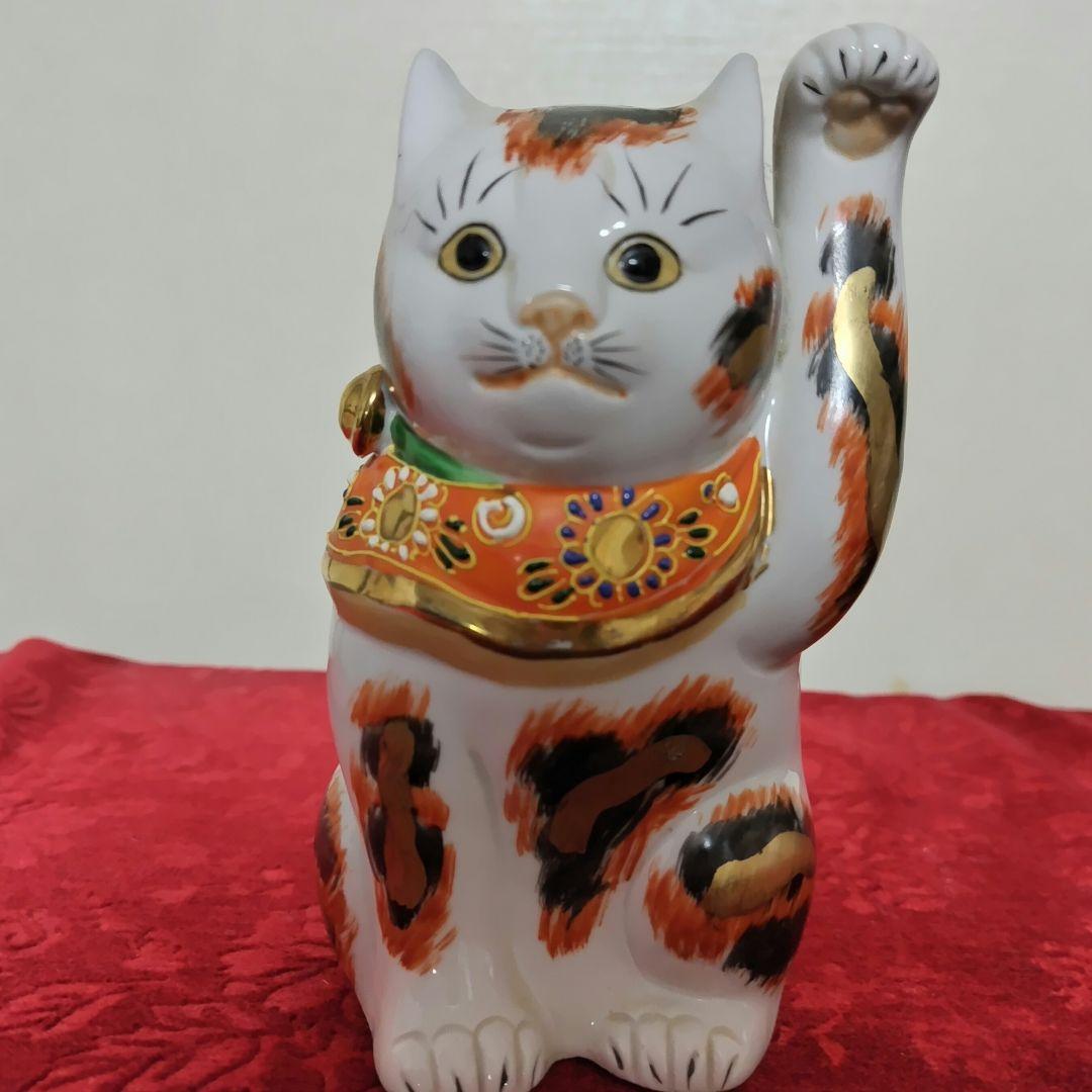 ​九谷焼 招き猫 左手上げ 三毛猫 金彩 5号 縁起物 置物 伝統工芸品 骨董