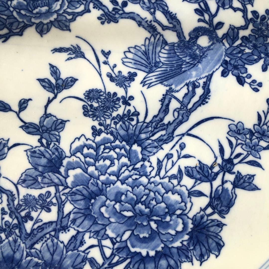 古伊万里 染付 花鳥風景図 七宝繋ぎ 隅切角大皿 38cm 江戸後期