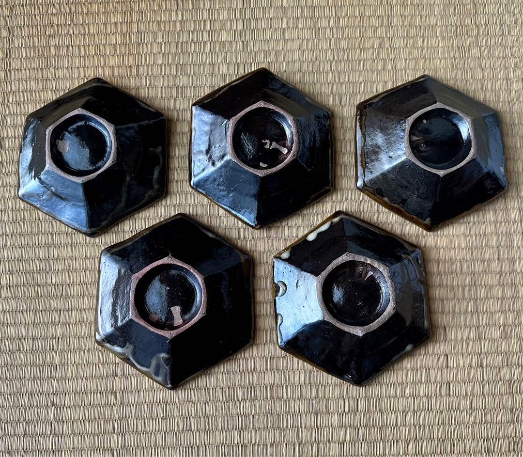 壺屋焼 國場一作【赤絵六角銘々皿 5客組】小皿 やちむん 琉球 民藝 懐石