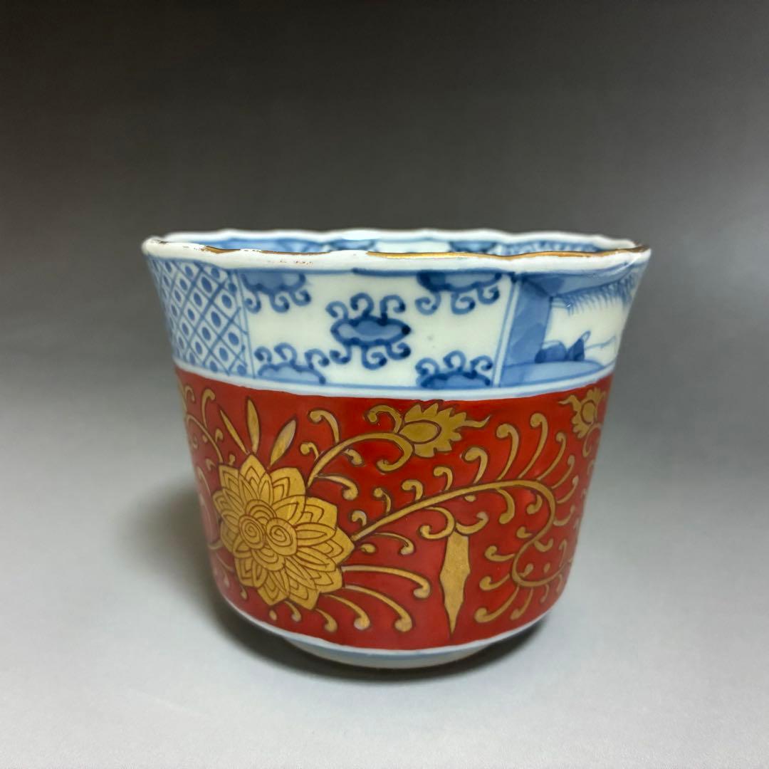 色絵唐草文に染付窓絵の図　古伊万里蕎麦猪口