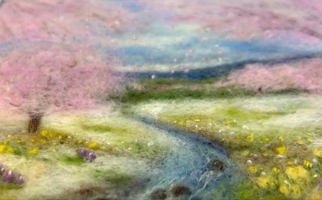 羊毛フェルト風景フレーム　羊毛絵画　春の小川Spring has come
