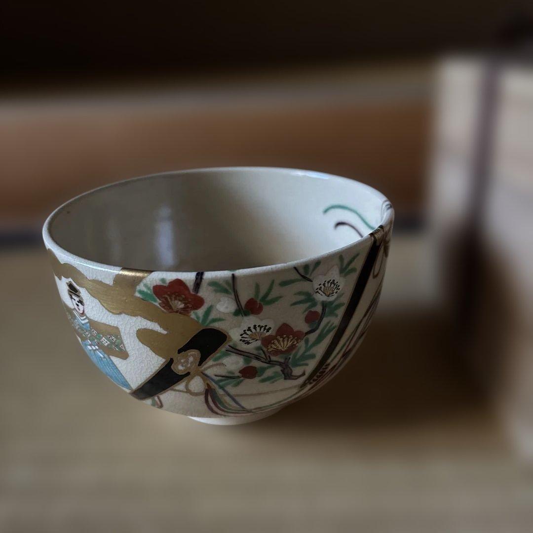 値下げ！茶道　上巳の節句　蓋置と茶碗（仁清檜扇立雛-京焼高台寺窯　陶楽造）　雛祭