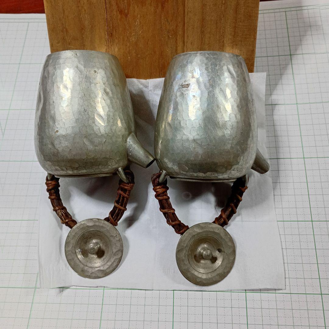 金属製純錫酒缶、茶器セット 2個 木箱付き