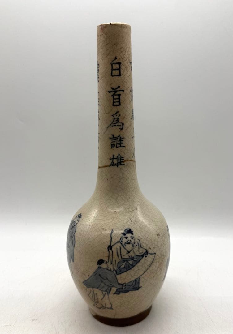時代　湖東焼　人物詩紋　鶴首瓶　送料込み260305
