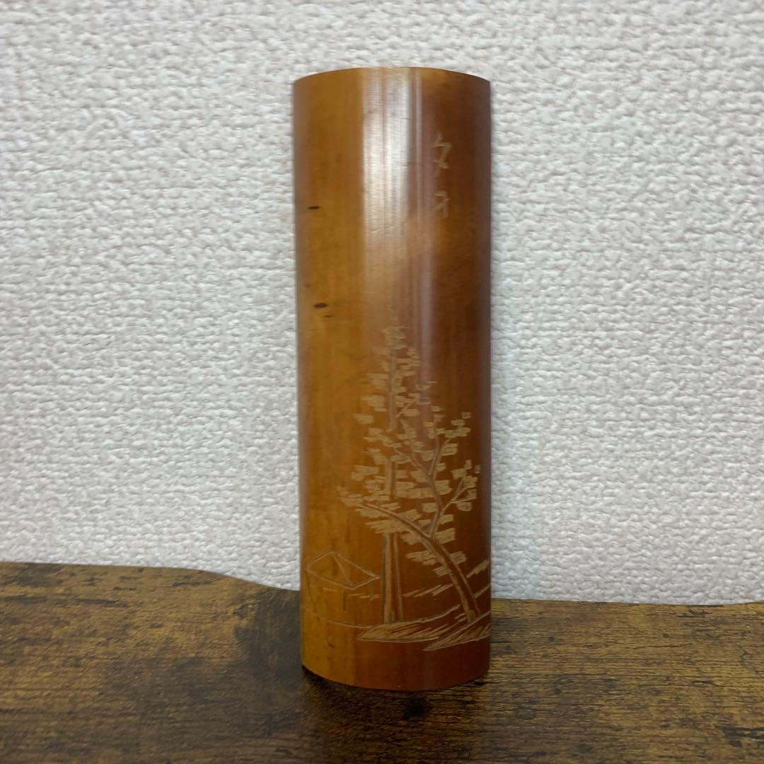 E-1 【茶道具】天然竹 彫刻 茶合（仙媒・茶量）共箱付き