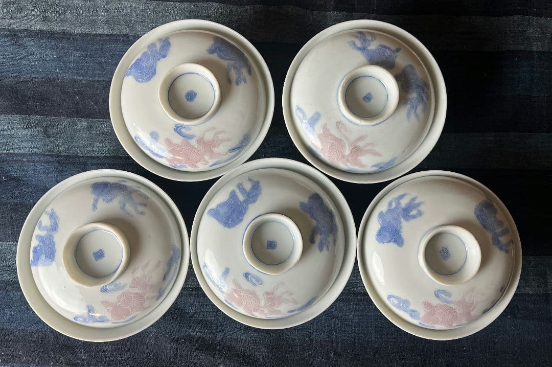 希少柄！金魚図の色絵 蓋付茶碗5客！古伊万里 染付 和食器 骨董品 アンティーク