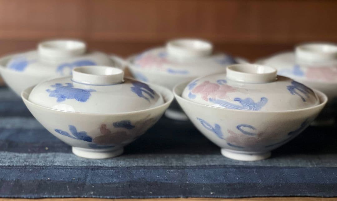 希少柄！金魚図の色絵 蓋付茶碗5客！古伊万里 染付 和食器 骨董品 アンティーク