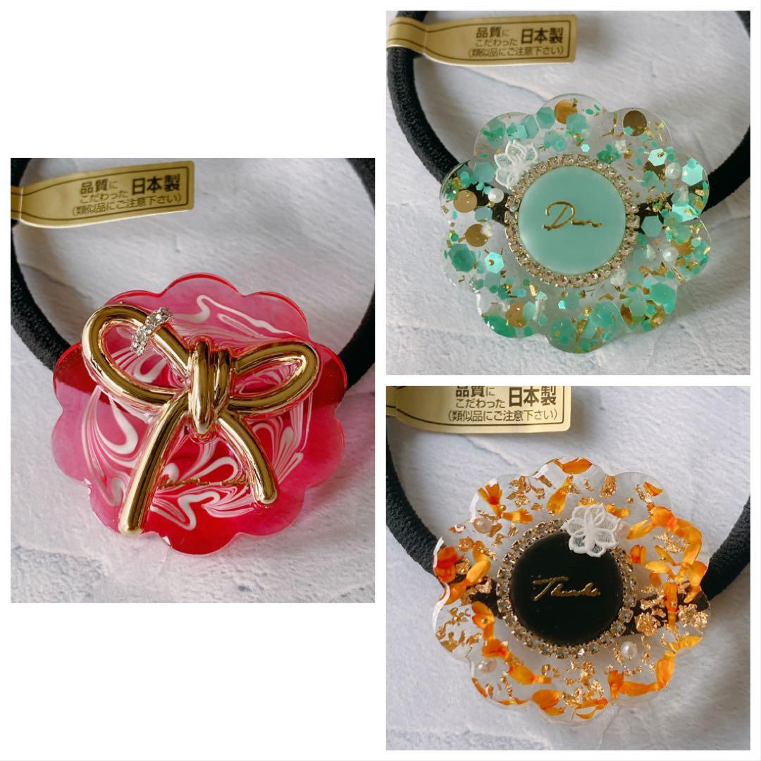 黒 オレンジ ゴールド ⌘お花 レジン ヘアゴム うねうね スカラップ ビジュー