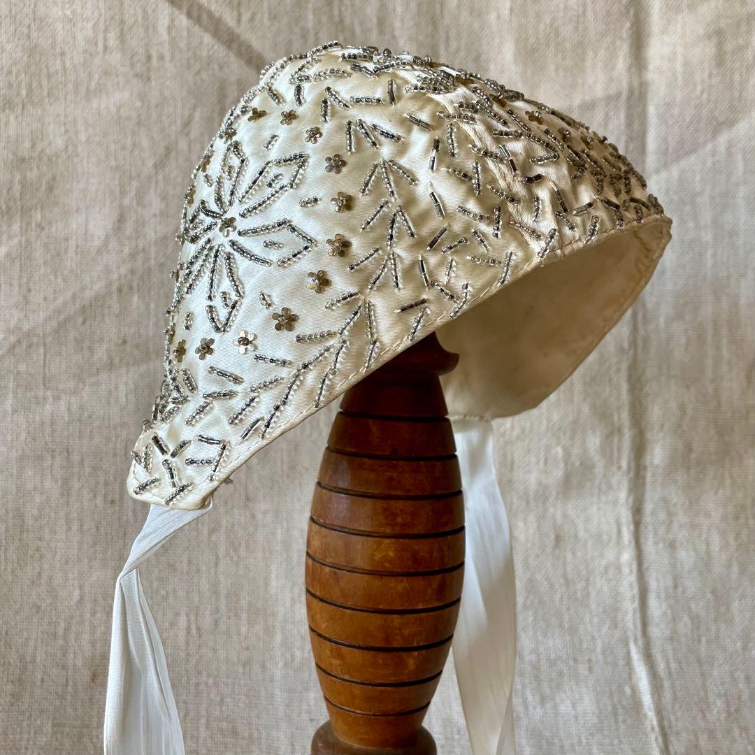 フランス アンティーク ボネ ビーズ 刺繍 bonnet 帽子 ドール 赤ちゃん
