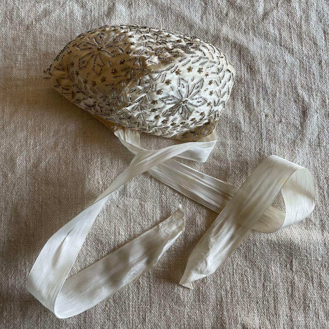 フランス アンティーク ボネ ビーズ 刺繍 bonnet 帽子 ドール 赤ちゃん