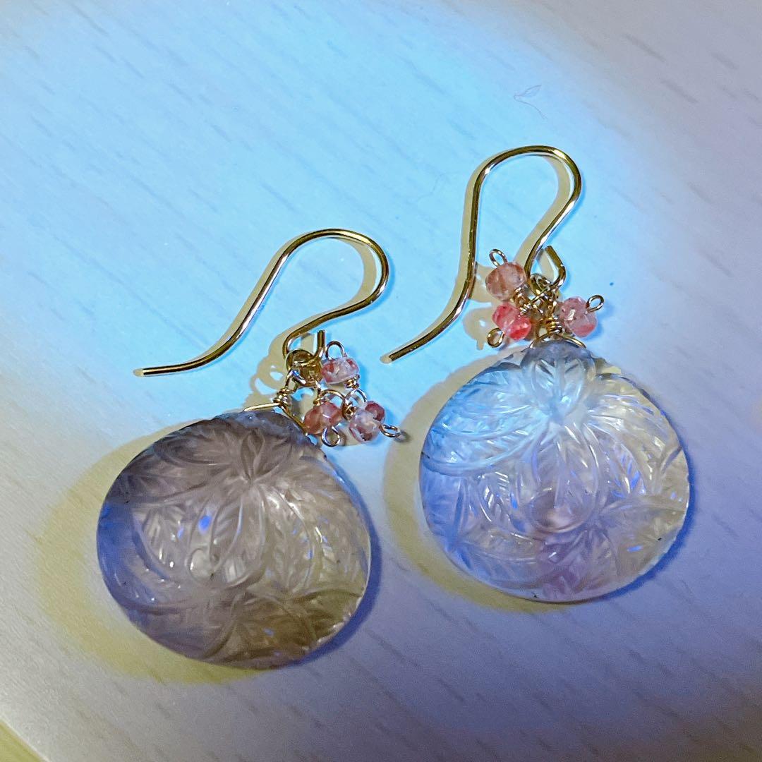 一点物✧リーフカービング✧ピンクアメシスト×ドラゴンガーネットピアス