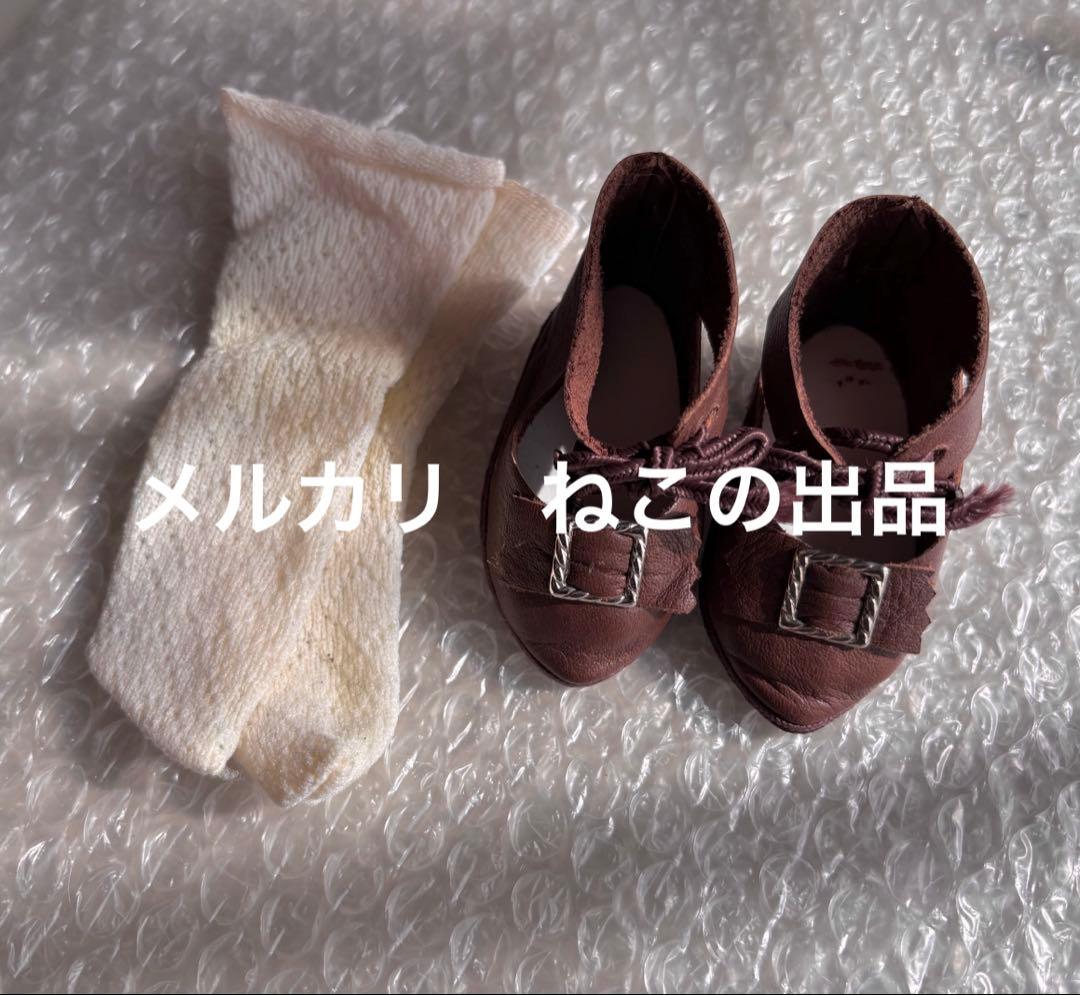 ビスクドール　本革　作家様製 シューズ　アンティーク　靴　ソックス付き