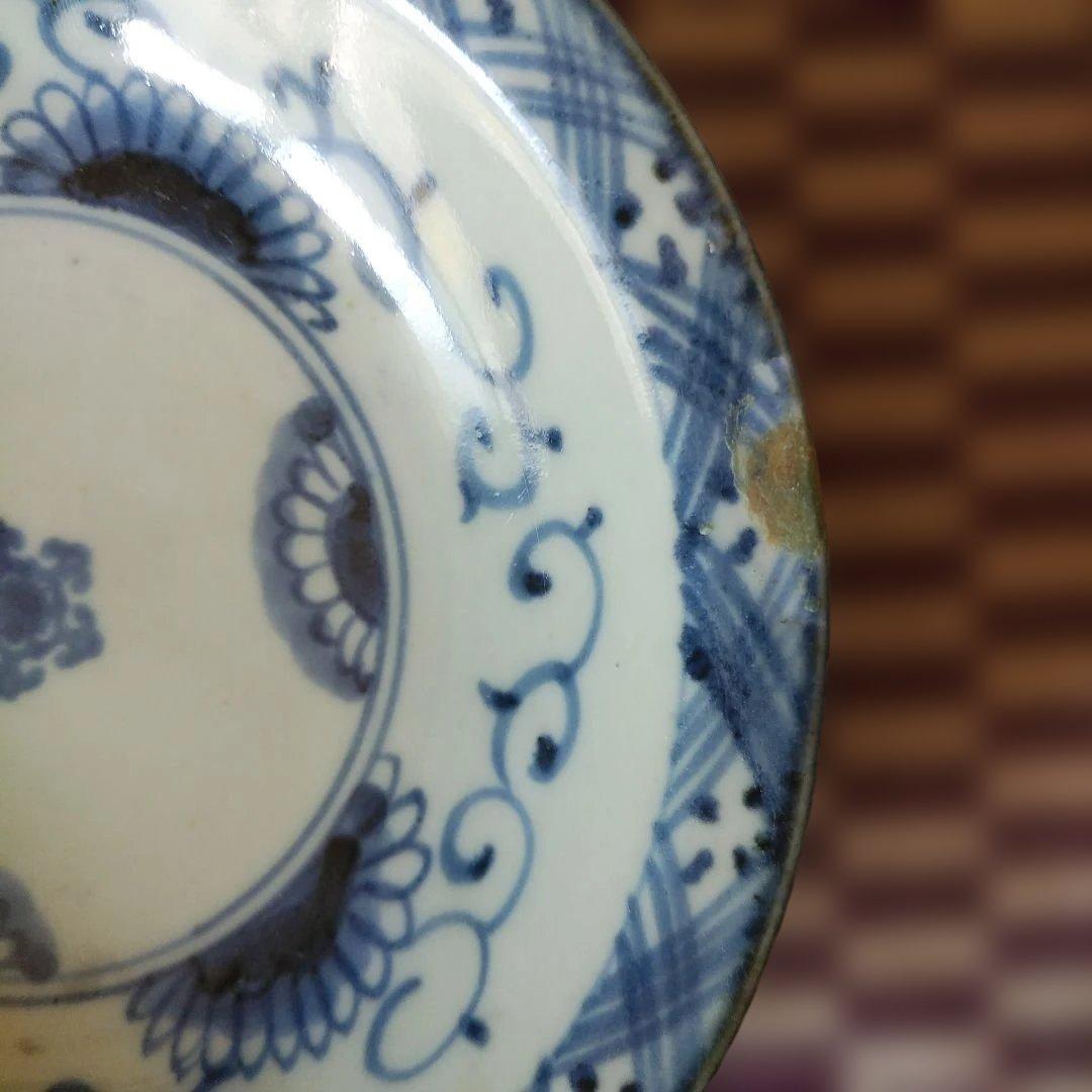 珍品 初期伊万里 古伊万里 染付　五弁花半菊文皿　コンニャク判 くらわんか